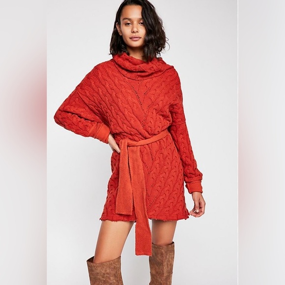 FREE PEOPLE Rust red cable knit turtleneck‎ sweater dress size S - Picture 1 of 14